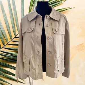 NWT Ann Taylor Loft XL Nice Cropped Short Trench Jacket Pockets Belt Beige Taupe